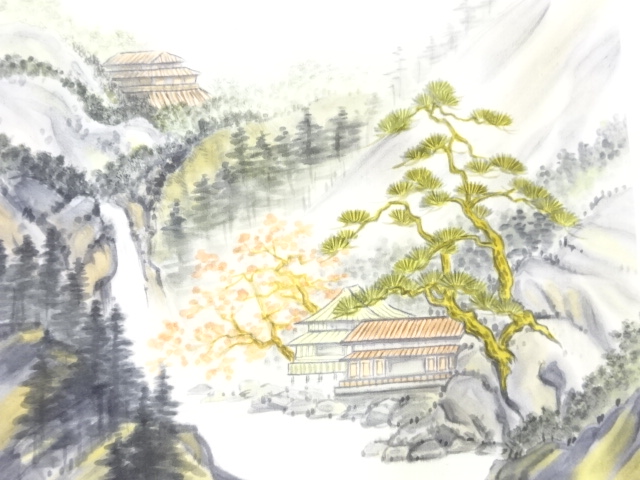 アンティーク　作家物　手描き遠山に滝・家屋風景模様名古屋帯